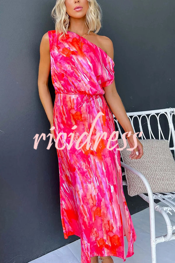 Satin Unique Print One Shoulder Tie Waist Slit Maxi Dress