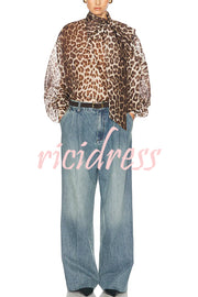 Arianne Chiffon Leopard Print Bow Neck Long Balloon Sleeve Loose Blouse