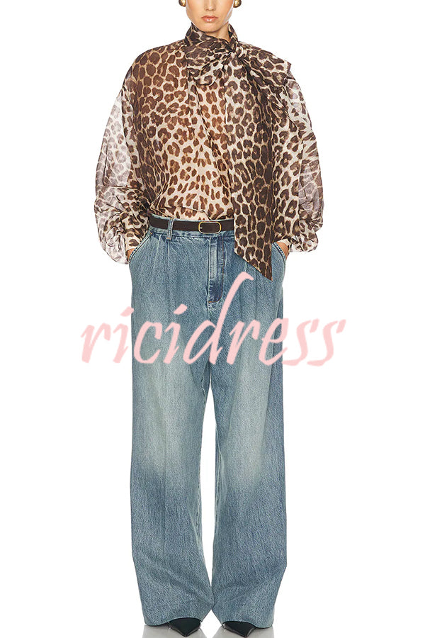 Arianne Chiffon Leopard Print Bow Neck Long Balloon Sleeve Loose Blouse