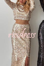 Solid Sequined Long-sleeved Crop Top and Sexy Slit Midi Skirt Set