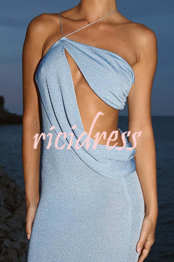 Elissa Glitter Fabric One Shoulder Asymmetrical Cutout Stretch Maxi Dress