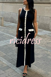 Elegant Slim Fit Crew Neck Buttoned Sleeveless Knit Midi Dress