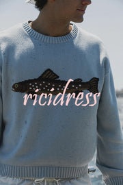 Fashionable Fish Pattern Round Neck Loose Knitted Sweater