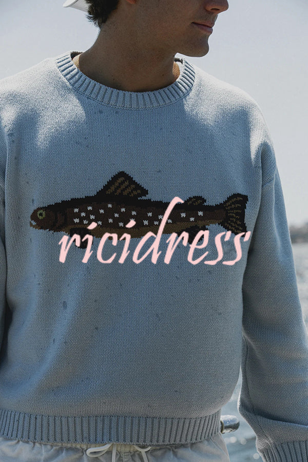 Fashionable Fish Pattern Round Neck Loose Knitted Sweater