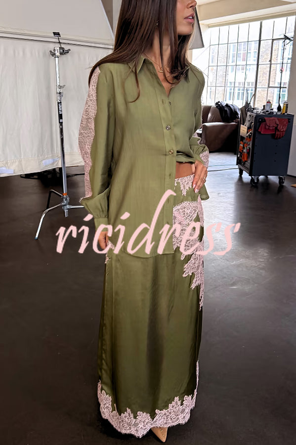 Eye-catching Work Contrast Color Satin Lace Trim Mid Rise Maxi Skirt