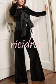 Cue The Cocktails Velvet Grosgrain Detail Pocketed Wide Leg Pants