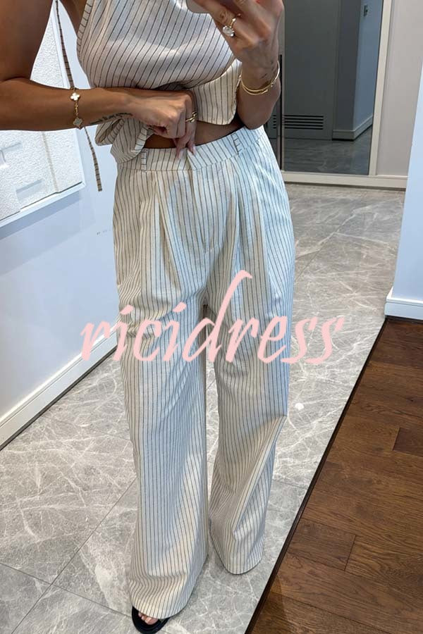 Moriah Striped Thin Strap Halter Neck Scarf Top and Pocketed Wide Leg Pants Set