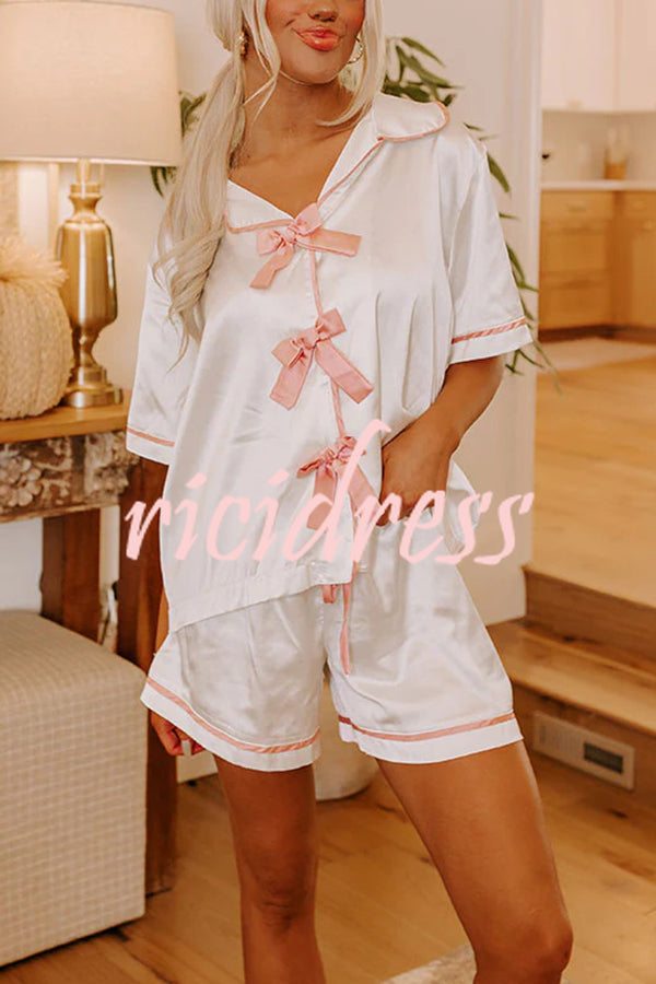 Sweet Dreams Satin Bow Detail Elastic Waist Pajama Shorts Set