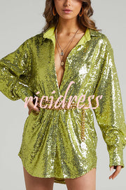 Solid Color Sequined Long-sleeved Casual Mid-length Loose Shirt