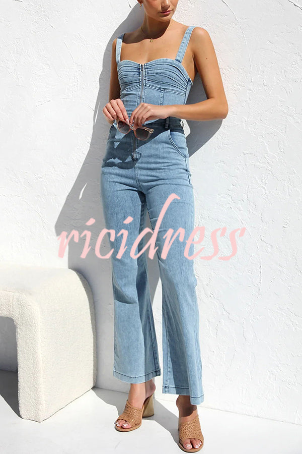 The Lexie Denim Adjustable Straps Zip-up Pocketed Stretch Flare Jumpsuit