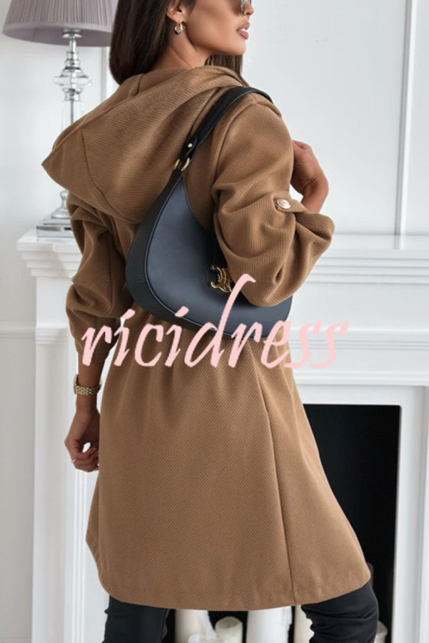 Effortless and Warm Textured Fabric Drawstring Waist Pocket Hooded Midi Coat