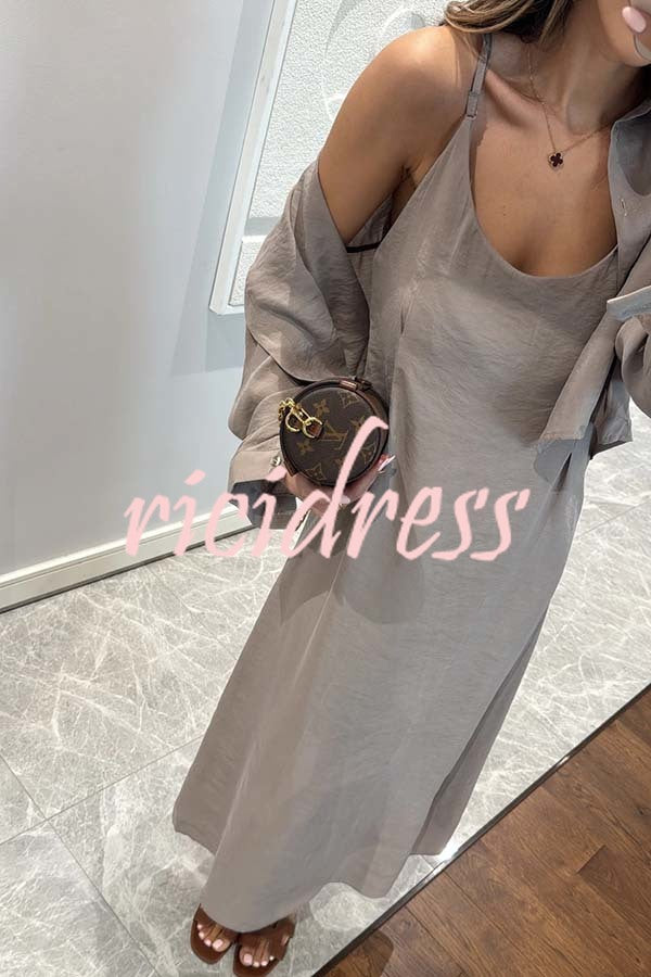 Modern Comfort Long Sleeve Shirt and Slip Loose Midi Dress Two Piece Set