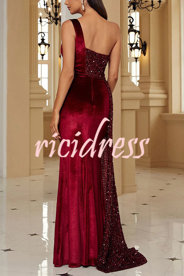 Taylor Sequin Velvet Patchwork One Shoulder Ruched Slit Prom Maxi Dress