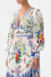 Fairy Tale Print V-Neck Lantern Sleeve Waist Maxi Dress