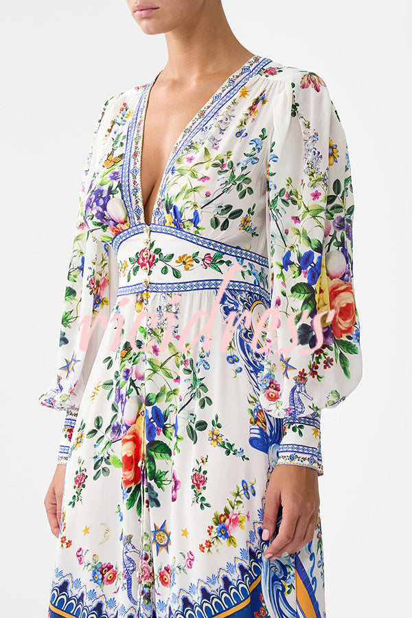 Fairy Tale Print V-Neck Lantern Sleeve Waist Maxi Dress