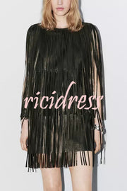 Modern Times Faux Leather Layered Tassel Design Sleeveless H-line Mini Dress