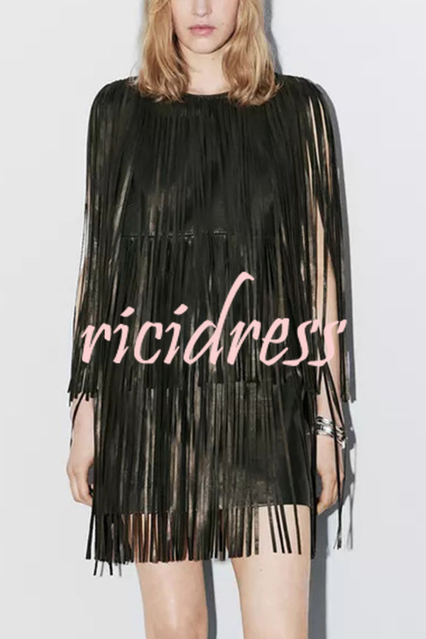 Modern Times Faux Leather Layered Tassel Design Sleeveless H-line Mini Dress
