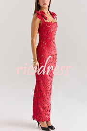 Holiday Intimacy Embroidered Floral Lace Bow Shoulder Straps Slit Maxi Dress