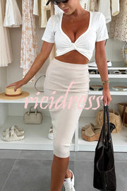 Perfect Basics Ribbed Knit Elastic Waistband Stretch Midi Skirt