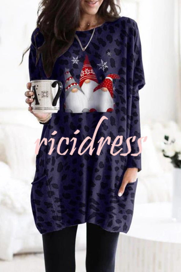 Long Sleeve Pocket Leopard Christmas Print Mini Dress