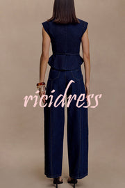 Charley Denim Button Up Cap Short Sleeve Structured Tie-up Lapel Top