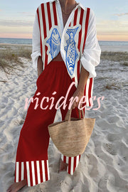 Striped Fish Print Oversized Shirt and Elastic Waist Pocket Pants Set