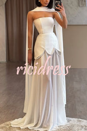 Jiya Satin Petal Hem Pearl Detail Chiffon Cape Strapless Maxi Dress