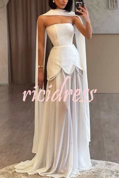 Jiya Satin Petal Hem Pearl Detail Chiffon Cape Strapless Maxi Dress