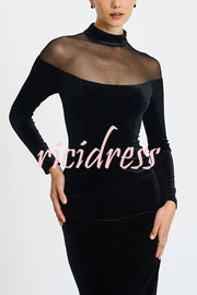 Fashionable Velvet and Mesh Spliced long-sleeved Slim-fit Maxi Dress