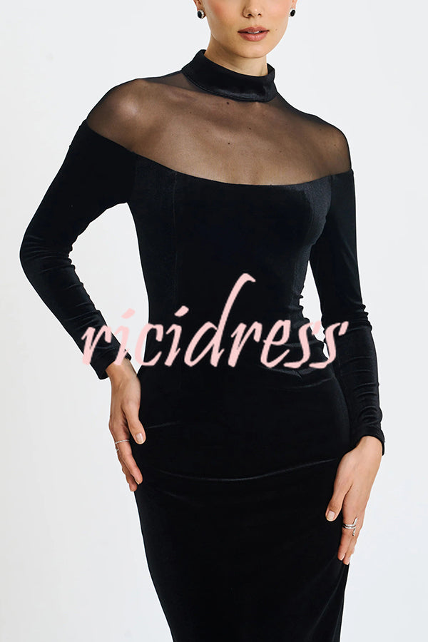 Fashionable Velvet and Mesh Spliced long-sleeved Slim-fit Maxi Dress