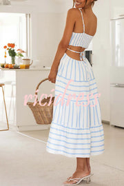 Exquisite Striped Suspender Hollow Pleated Patchwork Lace Up Midi Dress