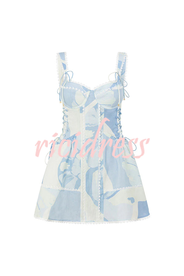 Avere Linen Blend Unique Print Scallop Trim Side Lace-up Mini Dress