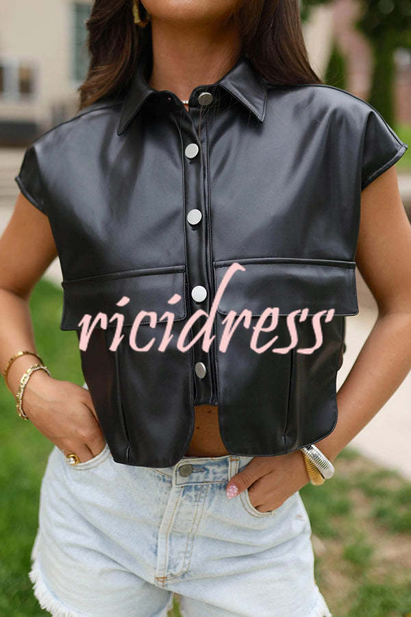 Fashion Faux Leather Pocket Sleeveless Cropped Jacket