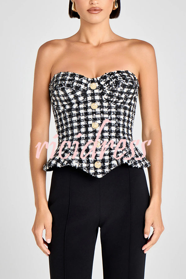 Maya Check Bouclé-tweed Fabric Sweetheart Neck Gold Button Strapless Tank