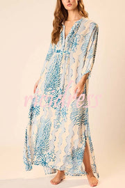 Quiet Sea Unique Print Pleated Neck Long Sleeve Slit Kaftan Maxi Dress
