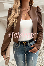 Yelissa Faux Leather Statement Long Sleeve Open Front Crop Jacket