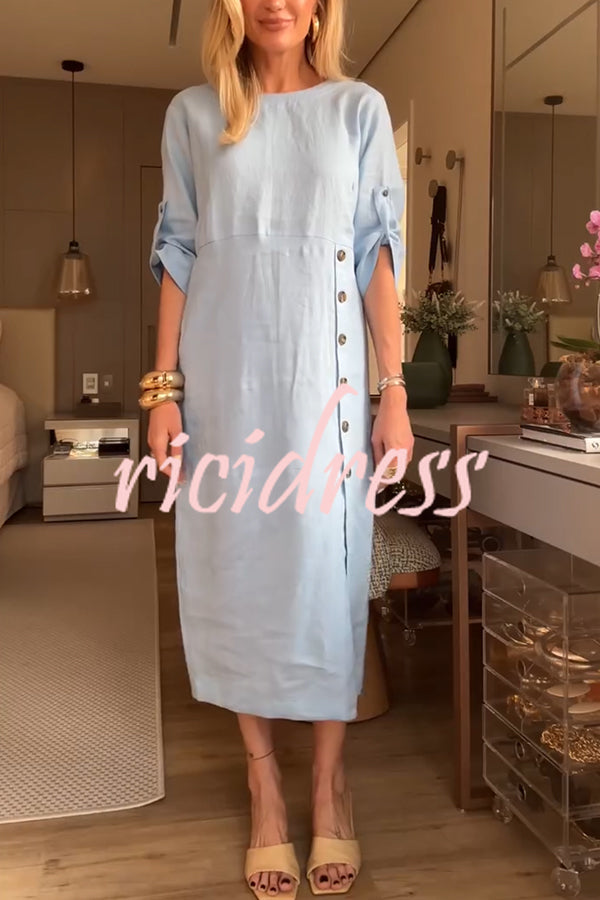 Ultra-comfortable Linen Blend Half Sleeve Front Button Detail Relaxed Pocket Midi Dress