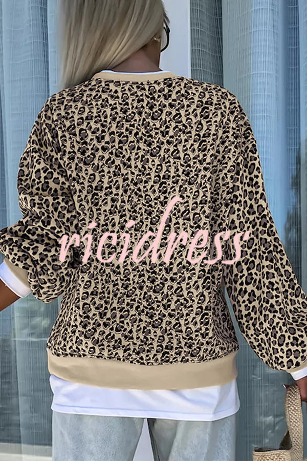 Leopard Print Crew Neck Patchwork Long sleeve Casual Loose Sweatshirt