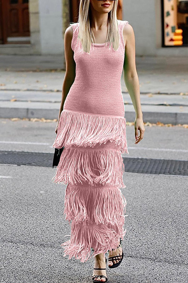 Solid Color Sleeveless Slim Fit Fringed Hem Knitted Midi Dress