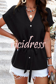 Lace Up Solid Pleated Button V Neck Short Sleeved Shirt