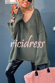 Fashionable Patchwork V-neck Long-sleeved Knitted Sweater