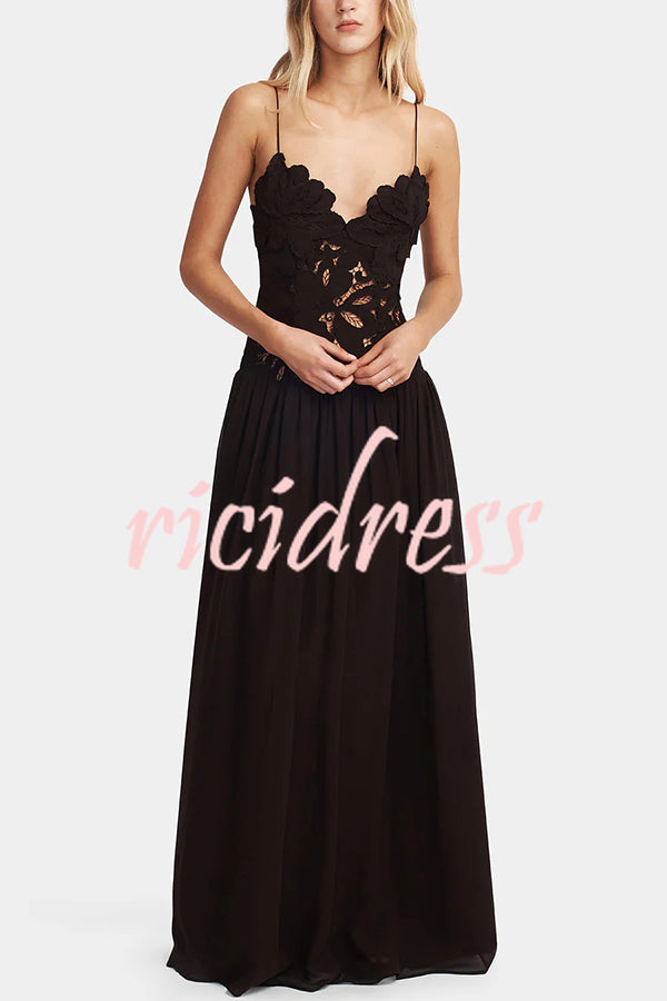 Stephanie Flower Crochet Lace Bust Chiffon Fluffy Hem Maxi Dress