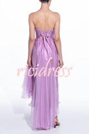Julie Tulle Lace Trim Off Shoulder Ruched Back Lace-up Drape Slit Maxi Dress