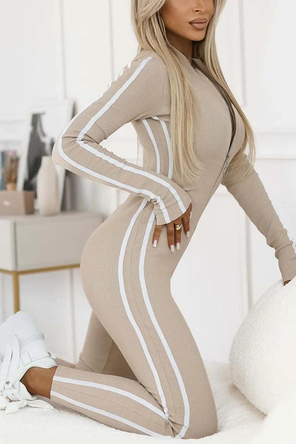 Sexy Slim-fitting Long-sleeved Striped Half-zip Jumpsuit