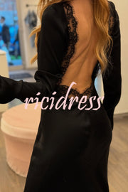 Mystic Moment Satin Lace Trim Long Sleeve Backless Maxi Dress