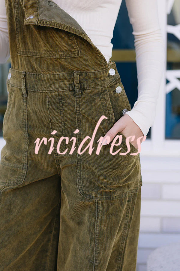 Falling Leaves Corduroy Metal Buckle Pocket Wide Leg Jumpsuit Overalls