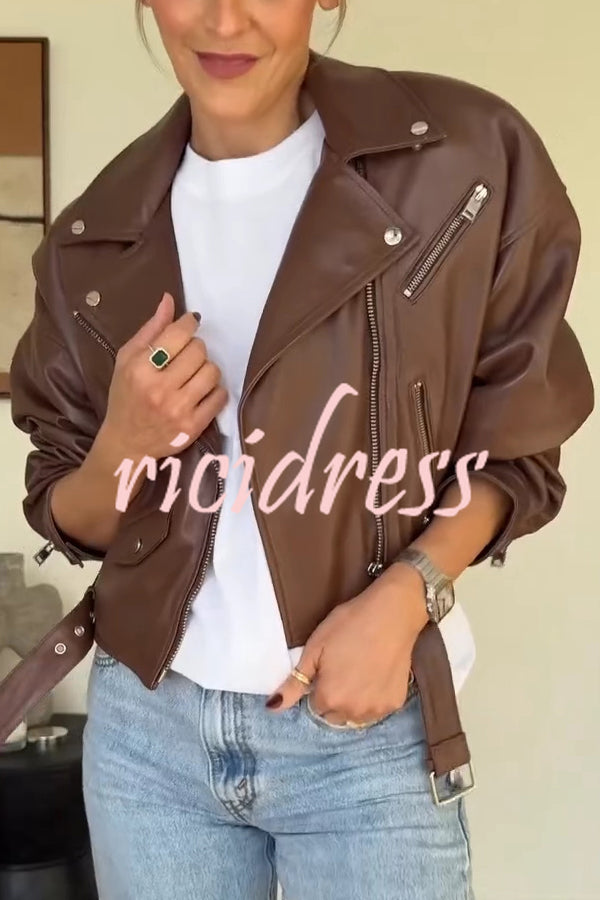 Fashion Lapel Long Sleeve Casual Zipper Pocket Leather Jacket