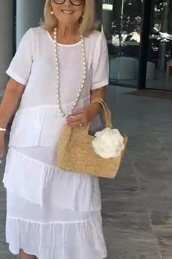 Linen Blend Solid Color Round Neck Casual Loose Midi Dress