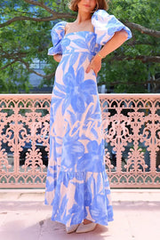 Watercolor Floral Print Square Neck Puff Sleeve Maxi Dress