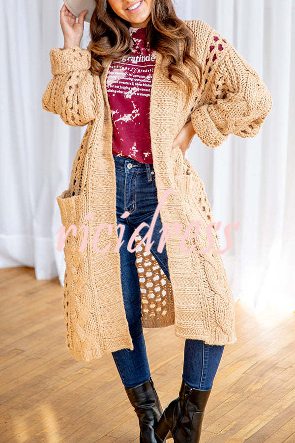 Jamila Knit Cable Cotout Long Sleeve Pocket Oversized Midi Cardigan